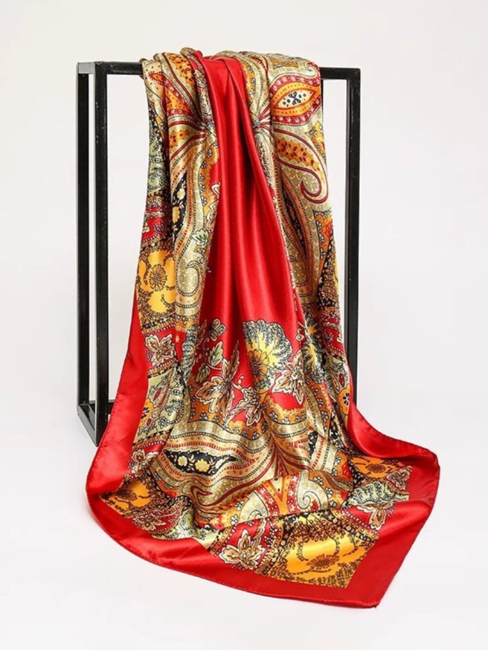 2/$30 NWT Silky Paisley Square Scarf Satin Red & Gold Boho Shawl